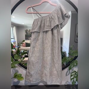 Beach lunch lounge  One-Shoulder Ruffle Shift Dress white and charcoal gray